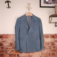Light Wash Indigo Cotton Denim Double-Breasted Blazer