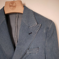 Light Wash Indigo Cotton Denim Double-Breasted Blazer