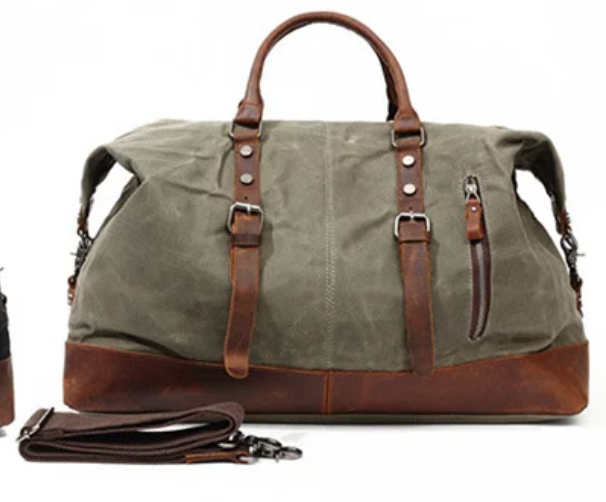Waxed cotton and leather weekend bag