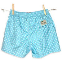 White dots on solid cyan swimsuit