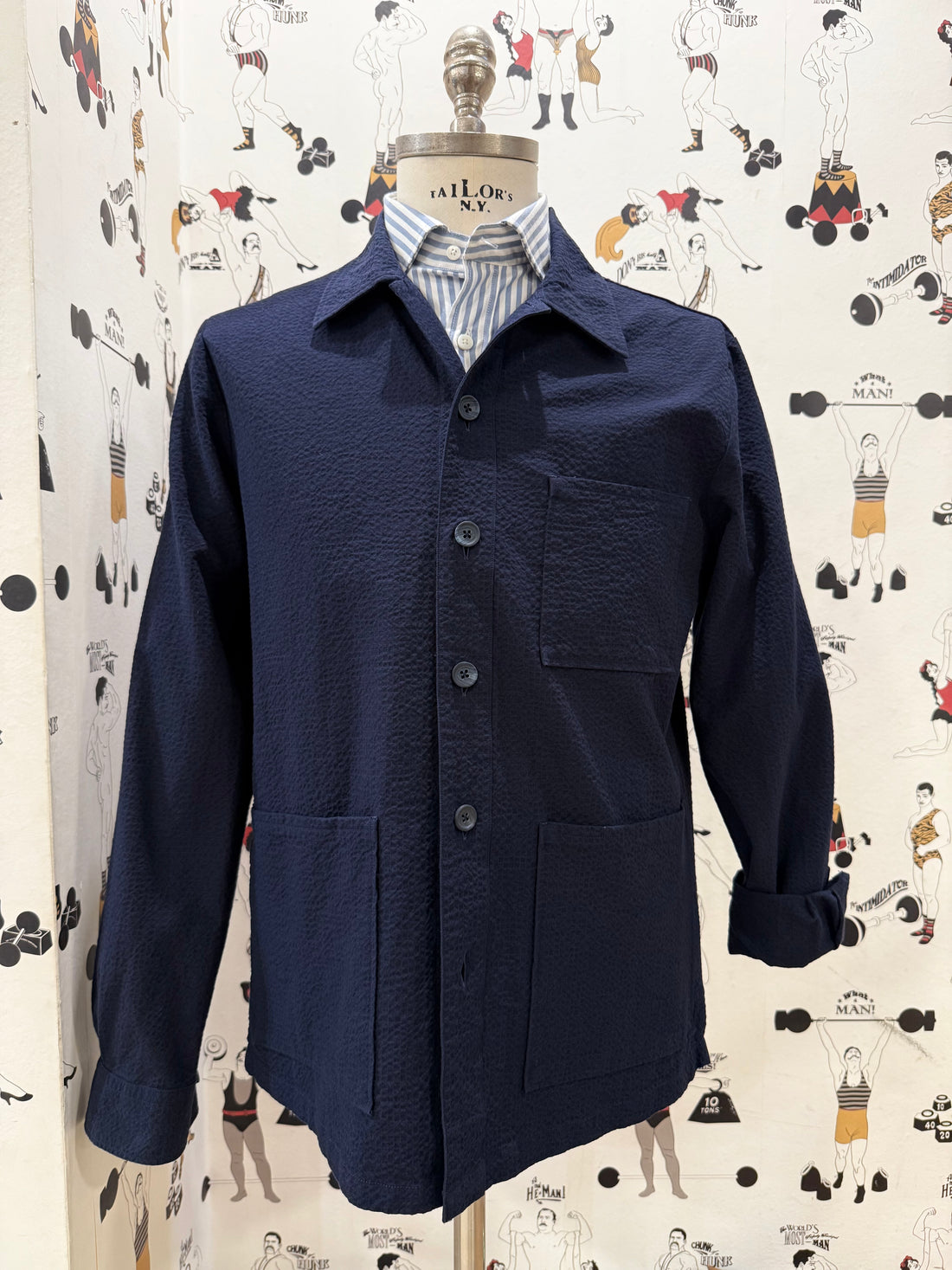 Navy seersucker cotton worker overshirt