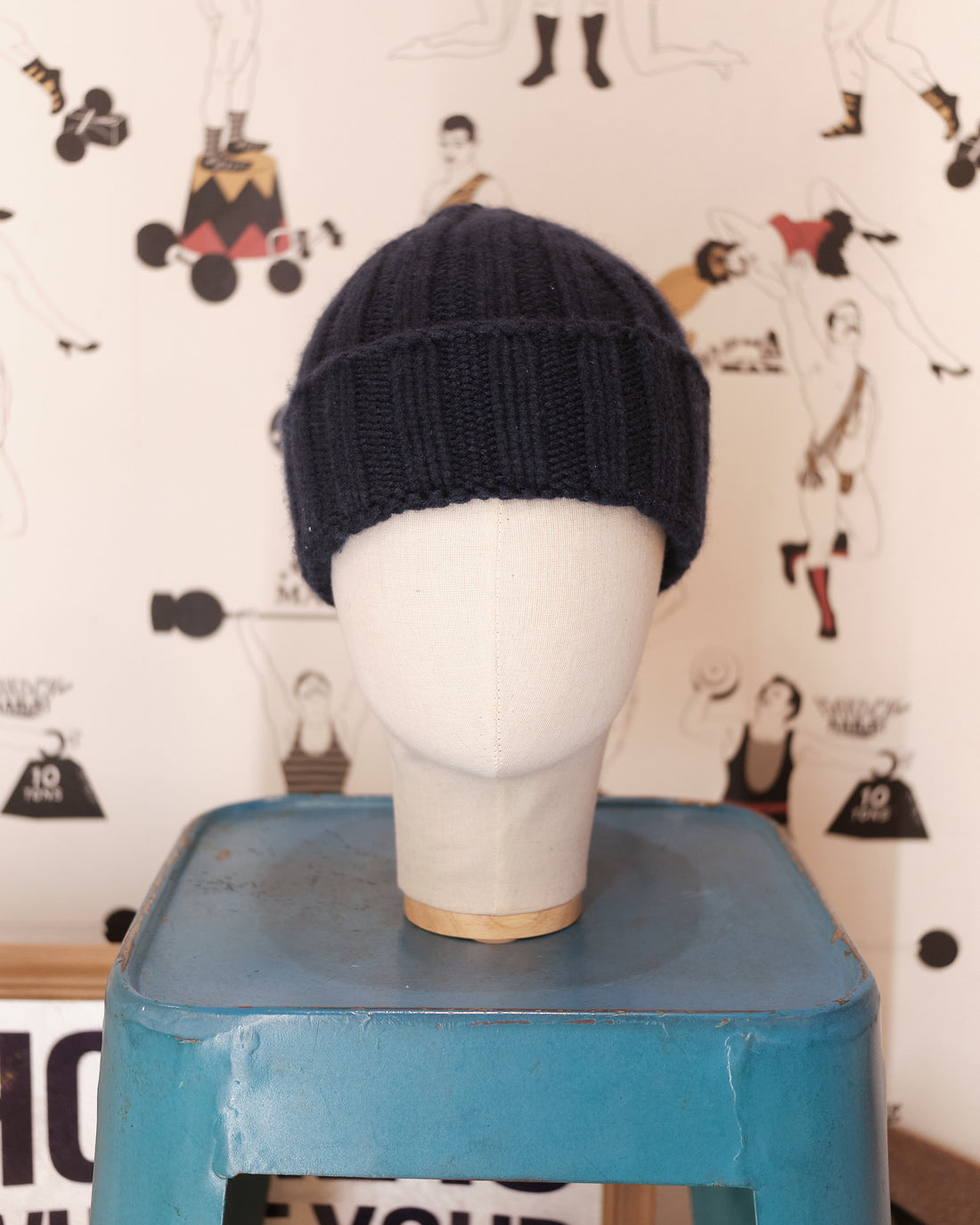 Large stripes Dark blue cashmere beanie
