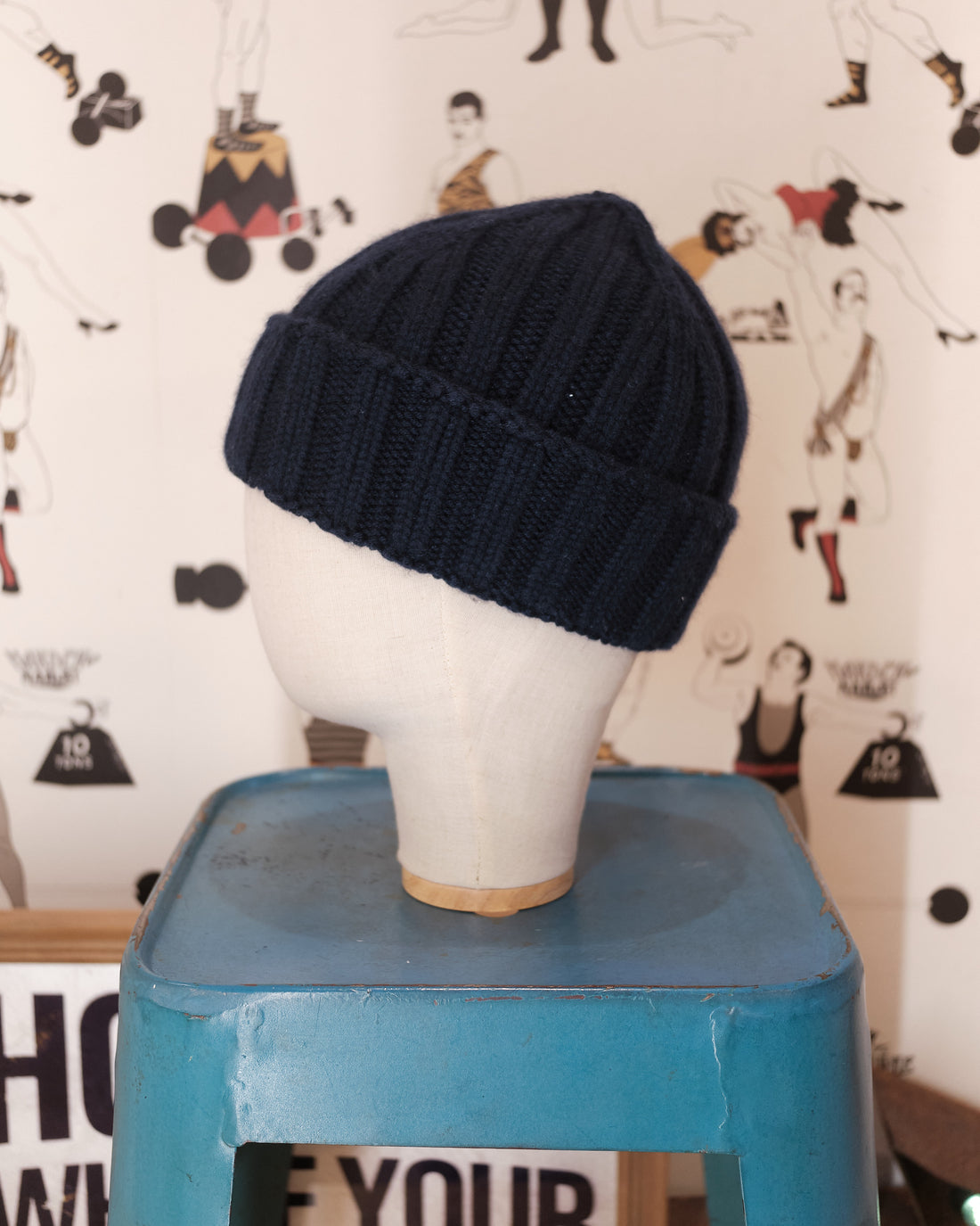 Large stripes Dark blue cashmere beanie
