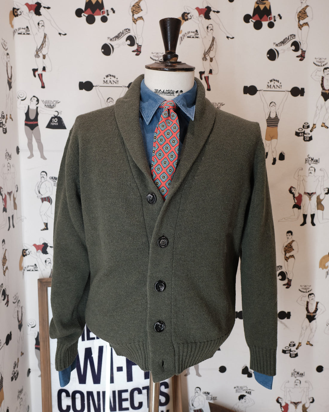 Military Green Wool Shawl Collar Cardigan