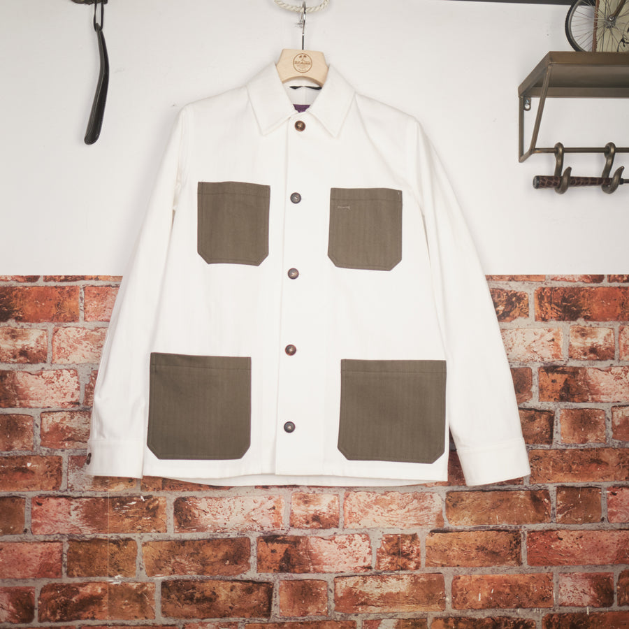 White and olive herringbone 12oz cotton worker jacket