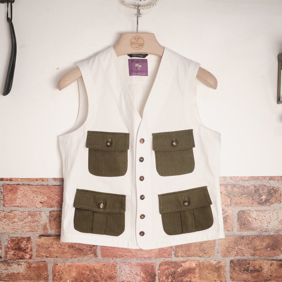 White and olive herringbone 12oz cotton vest
