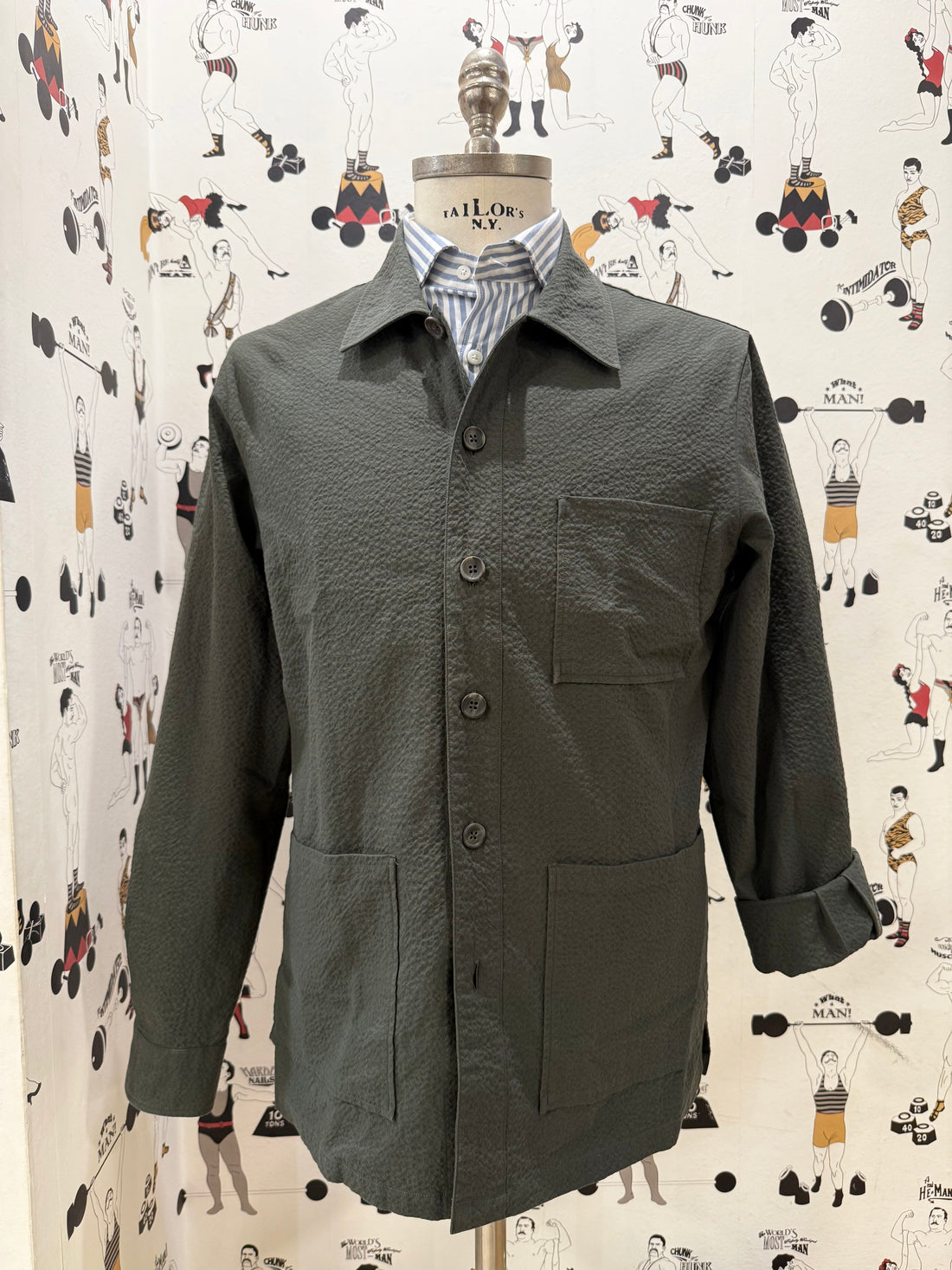 Olive Green seersucker cotton worker overshirt