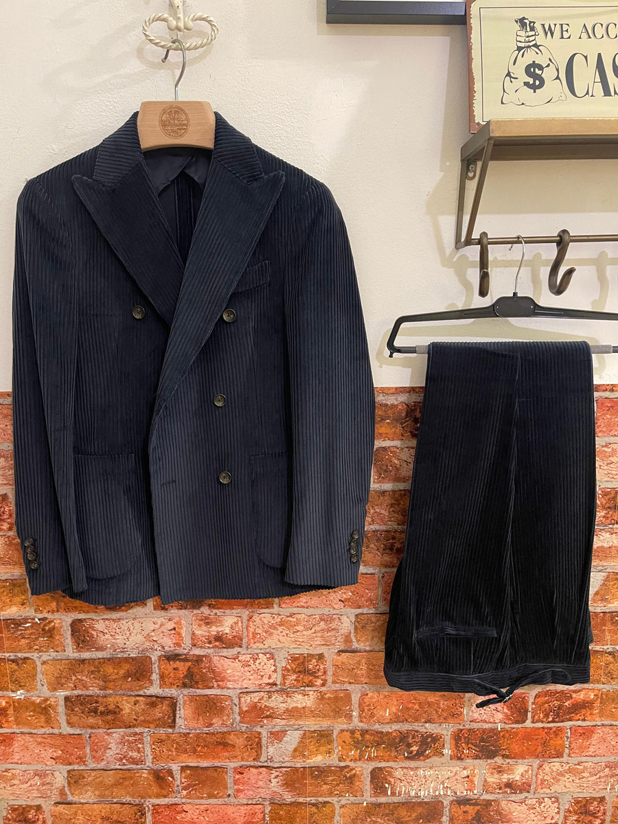 Double breasted navy blue corduroy blazer