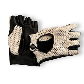 Crochet Driver Short fingers black leather gloves